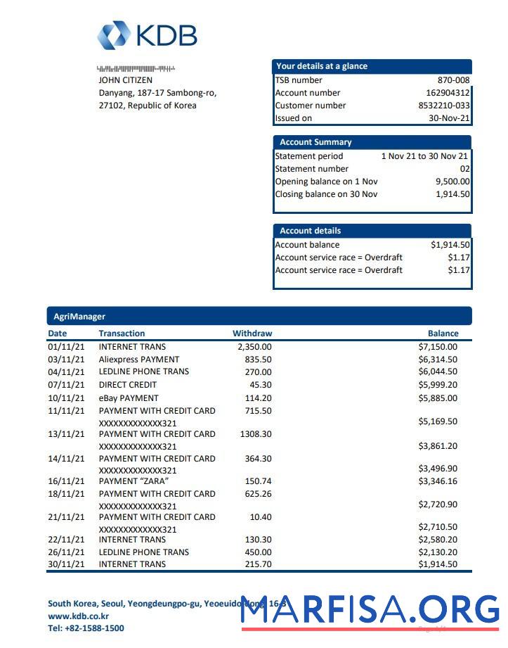 Realistic South Korea KDB bank statement excel sample